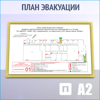 План эвакуации в золотой алюминиевой рамке (А2 формат)